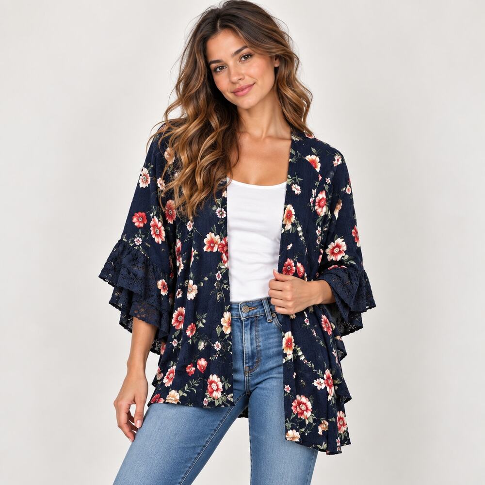 Umgee USA Cardigan Navy Floral Kimono Sleeves Lace Size L Chic Boho